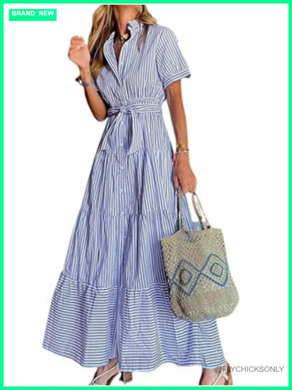 Womens Casual Short Sleeve Button Down Tie Waist Ruffled Striped Maxi Shirt